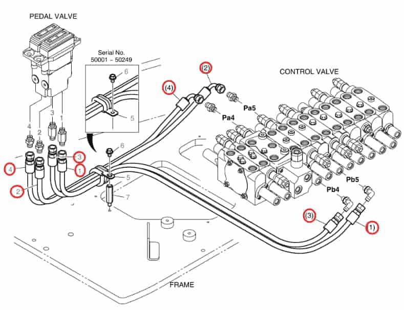 Doosan DX60R installation diagram showing hydraulic hose DS2094041 at Pipe No. 1