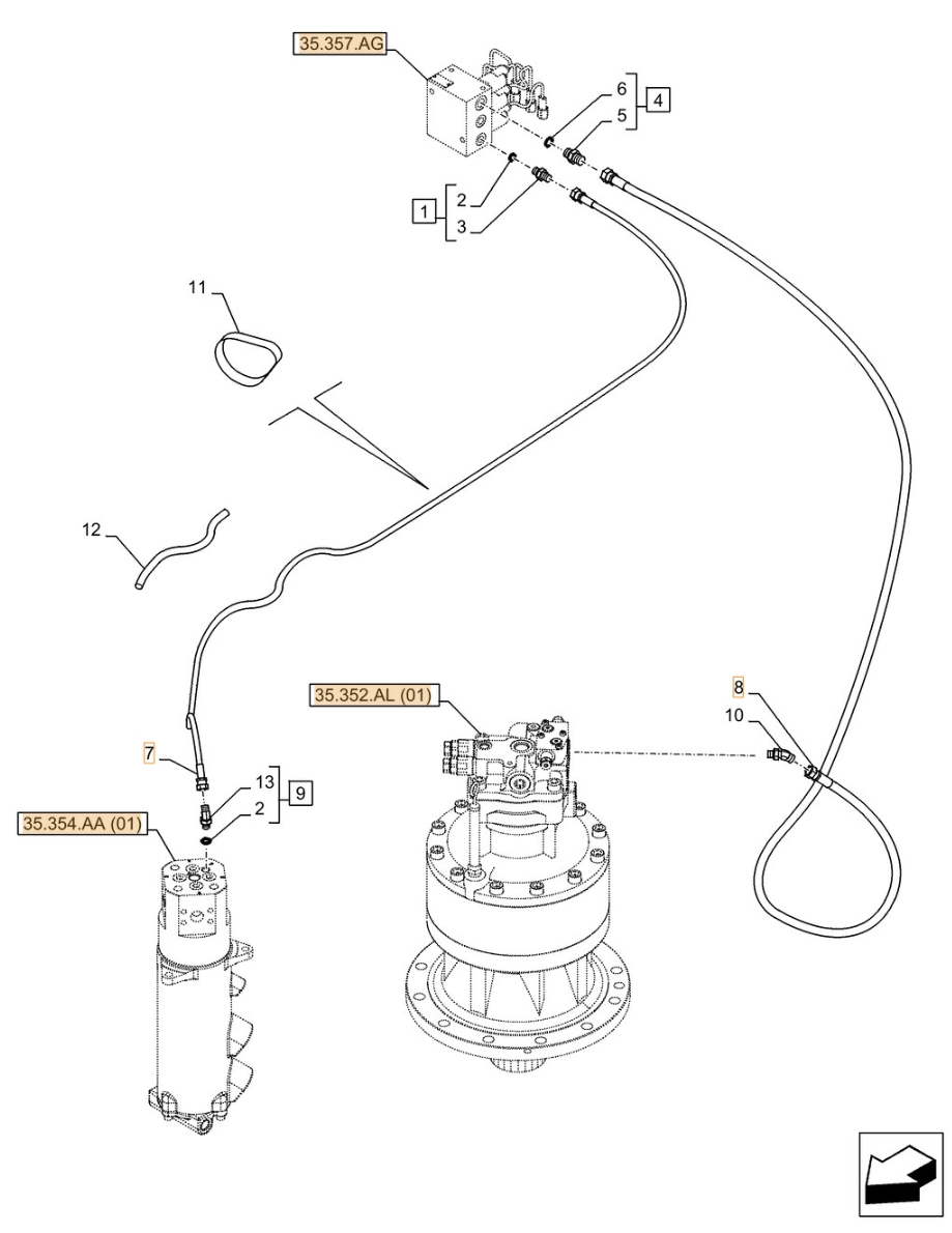 Case CX350D NLC installation diagram showing hydraulic hose KHJ2076 at Pipe No. 7