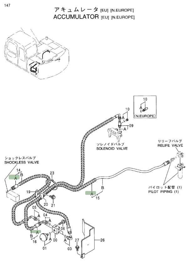 Hitachi EX100M-5 installation diagram showing hydraulic hose 9180614 at Pipe No. 15