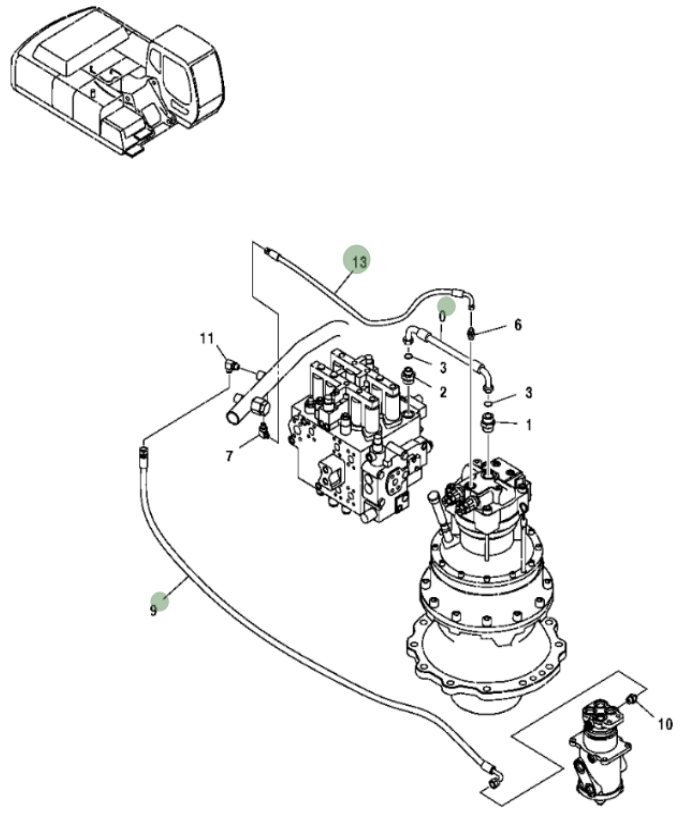 Hitachi ZX350F installation diagram showing hydraulic hose 4313440 at Pipe No. 9