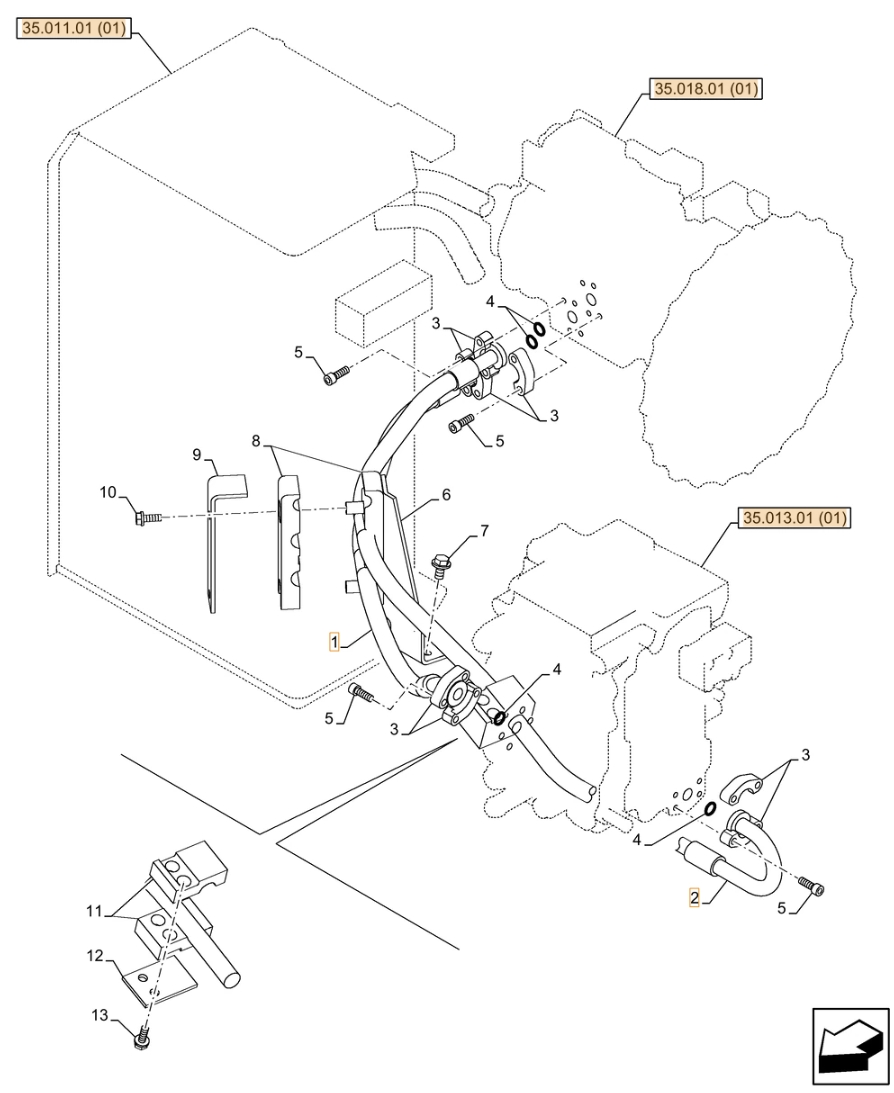 Case CX130C LC installation diagram showing hydraulic hose KNJ11480 at Pipe No. 1