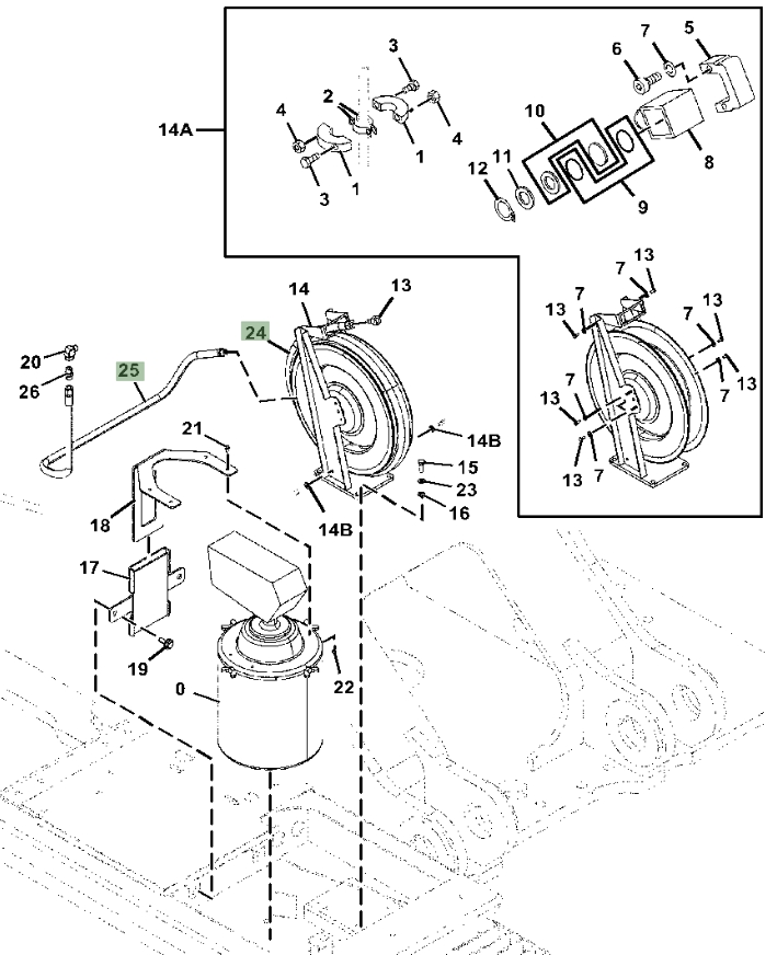 Hitachi ZX470LC-5B installation diagram showing hydraulic hose 4353626 at Pipe No. 24