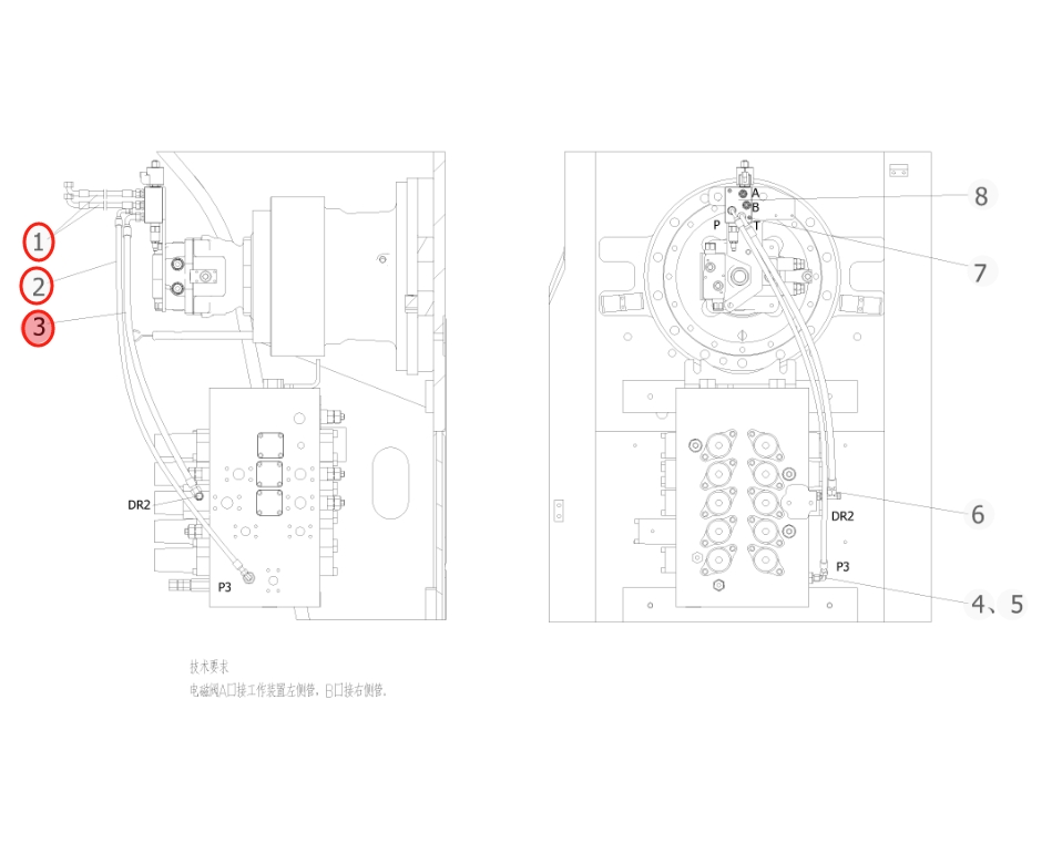 Sunward SWE365F installation diagram showing hydraulic hose 730502002852 at Pipe No. 3