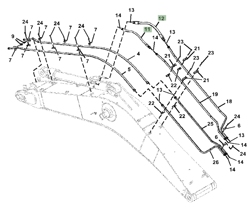 Hitachi ZX350LC-6N installation diagram showing hydraulic hose 4648034 at Pipe No. 12
