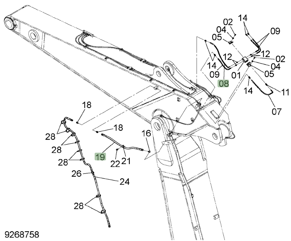 Hitachi ZX450LC-3 installation diagram showing hydraulic hose 4306079 at Pipe No. 19