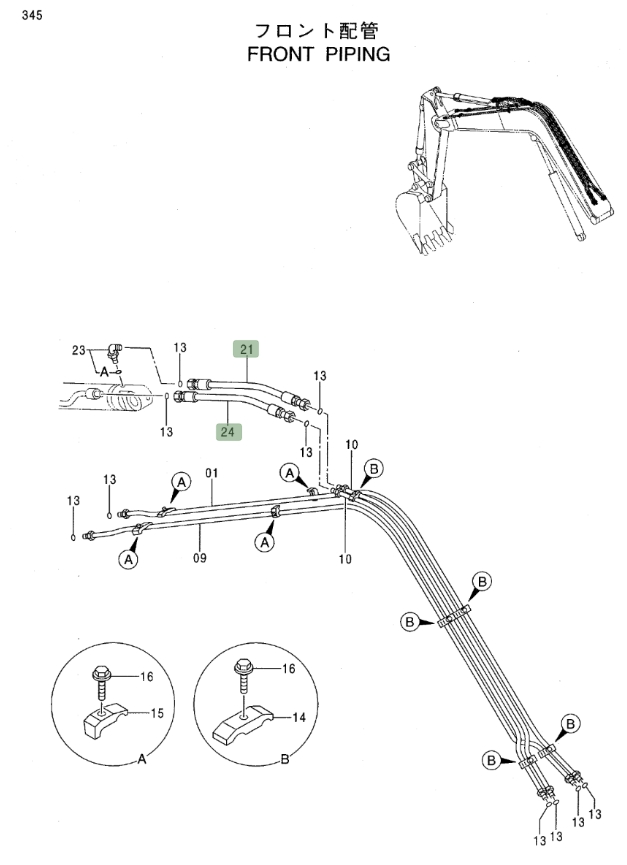 Hitachi EX80-5 installation diagram showing hydraulic hose 4388835 at Pipe No. 24