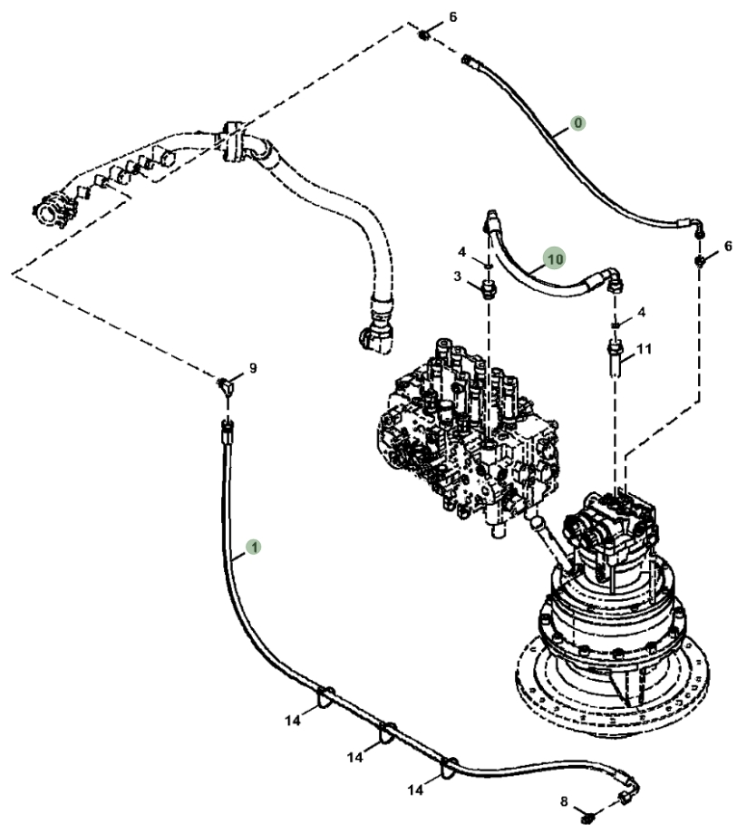 Hitachi ZX210LC-6N installation diagram showing hydraulic hose 4334456 at Pipe No. 1