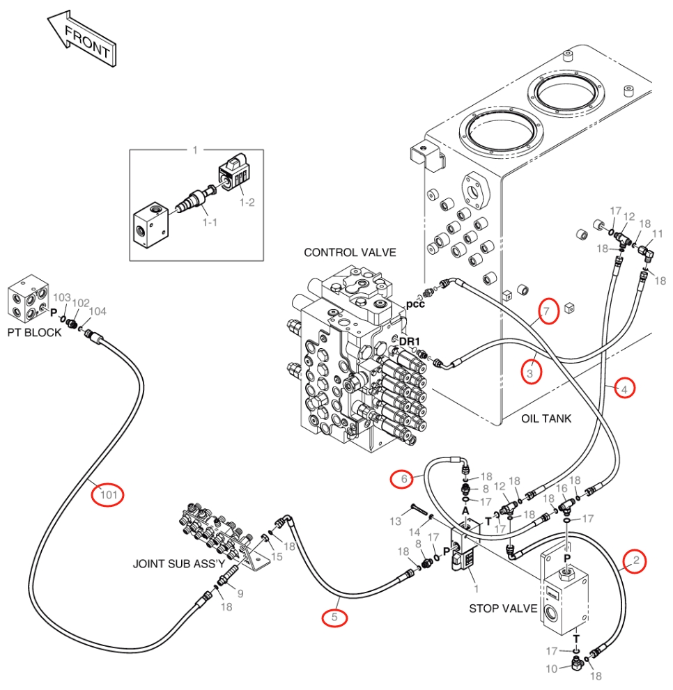 Doosan DX140W-5 installation diagram showing hydraulic hose DS2121211 at Pipe No. 7