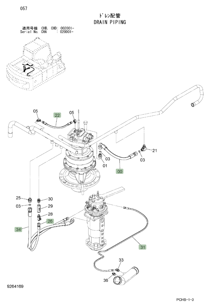 Hitachi ZX190W-3 installation diagram showing hydraulic hose 4304469 at Pipe No. 26