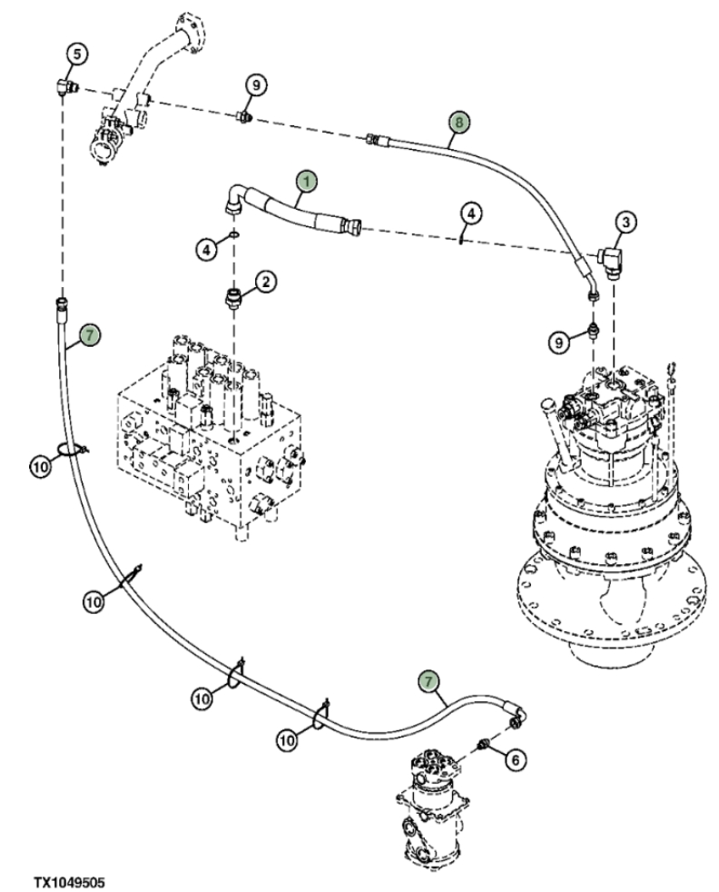 Hitachi ZXS370F-3 installation diagram showing hydraulic hose 4628911 at Pipe No. 1
