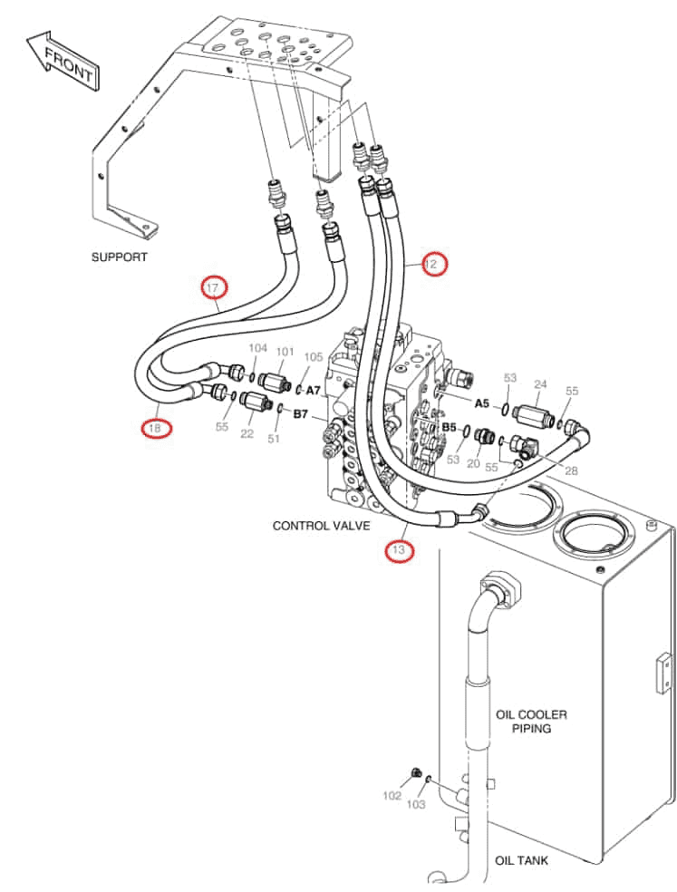 Doosan DX140LCR-3 installation diagram showing hydraulic hose DS20132061 at Pipe No. 12