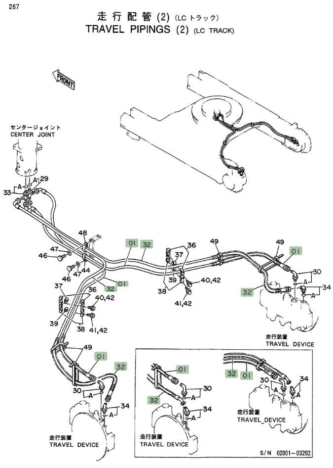 Hitachi EX400LC installation diagram showing hydraulic hose 4295191 at Pipe No. 32