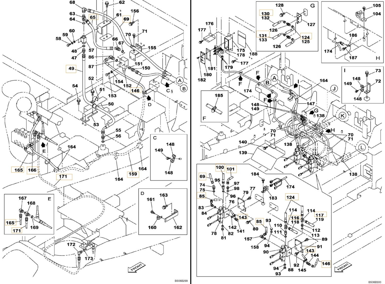 Case CX700 installation diagram showing hydraulic hose 152299A1 at Pipe No. 171