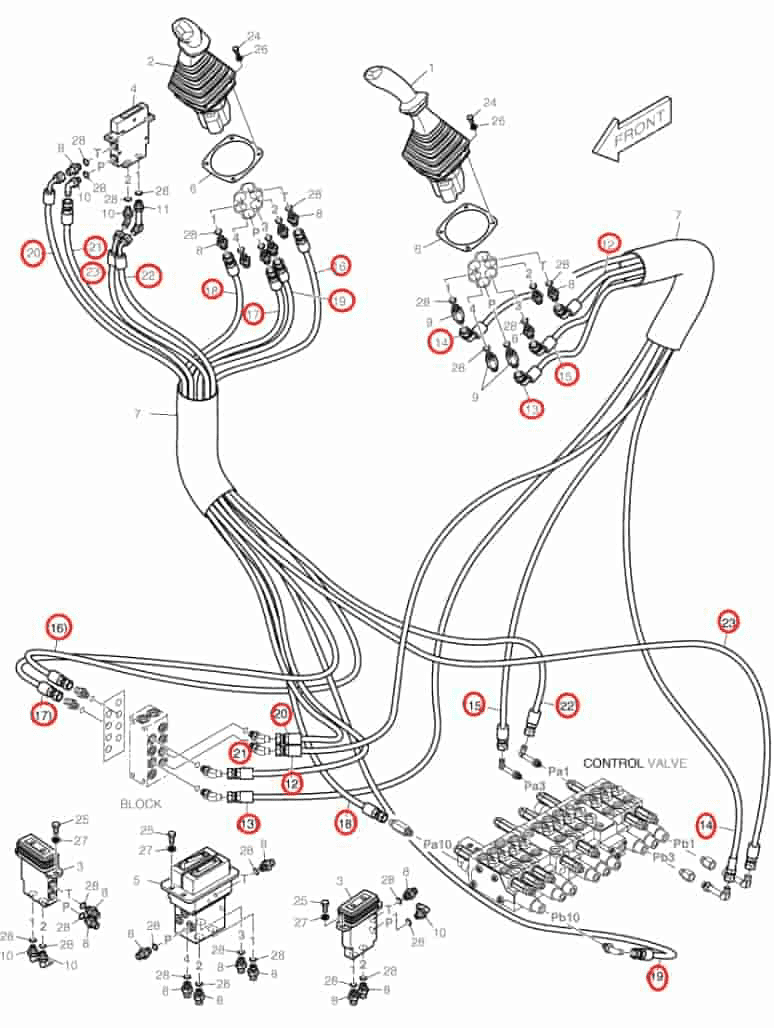 Doosan DX30Z installation diagram showing hydraulic hose DS2093034 at Pipe No. 23
