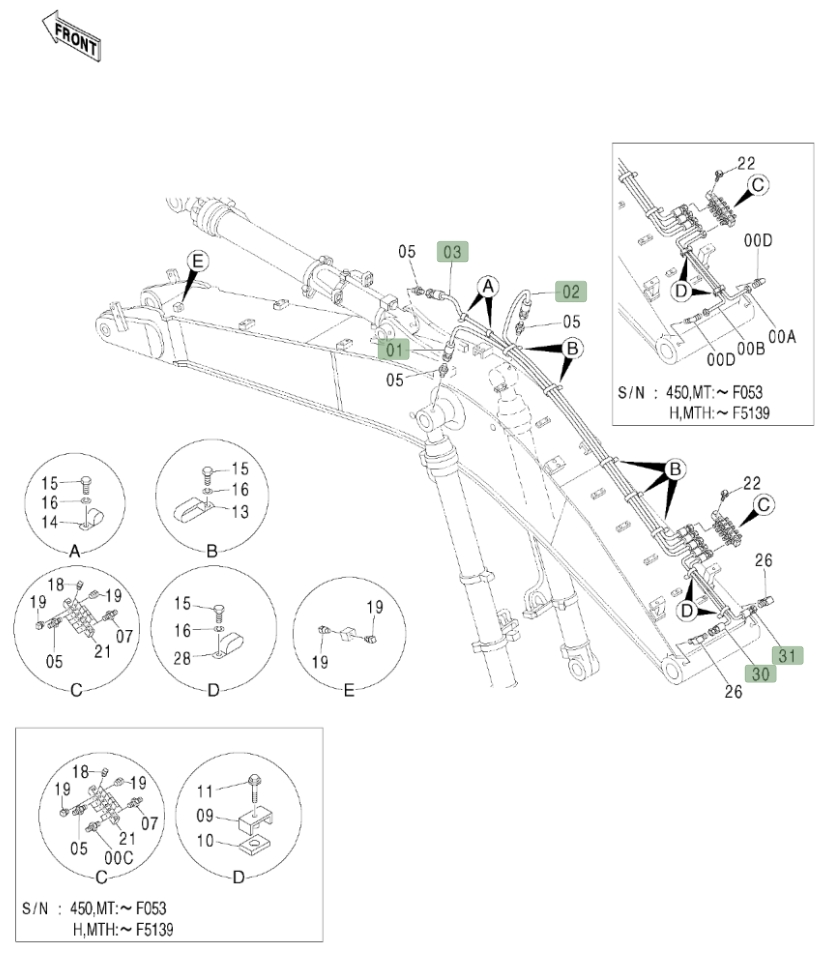 Hitachi ZX450LC installation diagram showing hydraulic hose 4317872 at Pipe No. 30