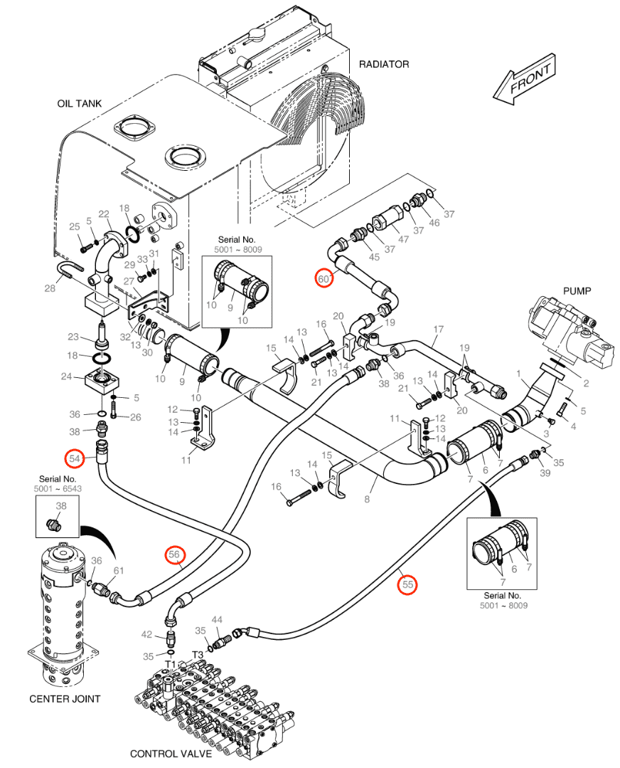 Doosan DX55W installation diagram showing hydraulic hose DS20551041 at Pipe No. 56
