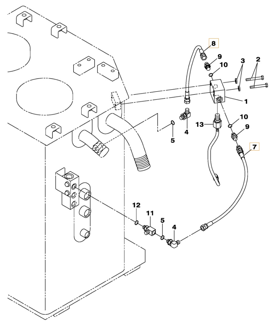 Case CX370B installation diagram showing hydraulic hose KHJ2044 at Pipe No. 8