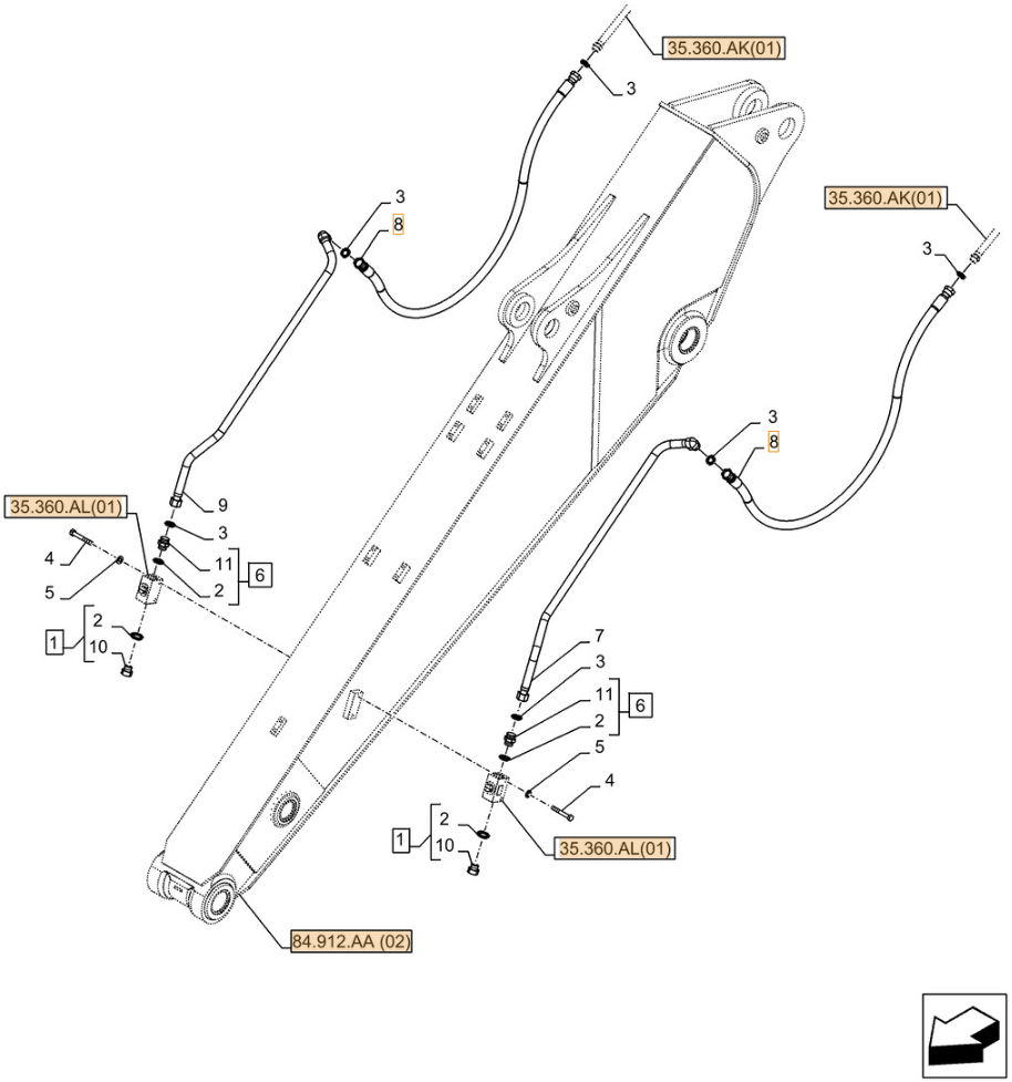 Case CX250D NLC installation diagram showing hydraulic hose KRV19740 at Pipe No. 8