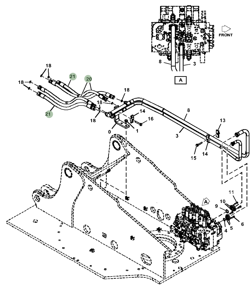 Hitachi ZX230W-5N installation diagram showing hydraulic hose 4307644 at Pipe No. 21