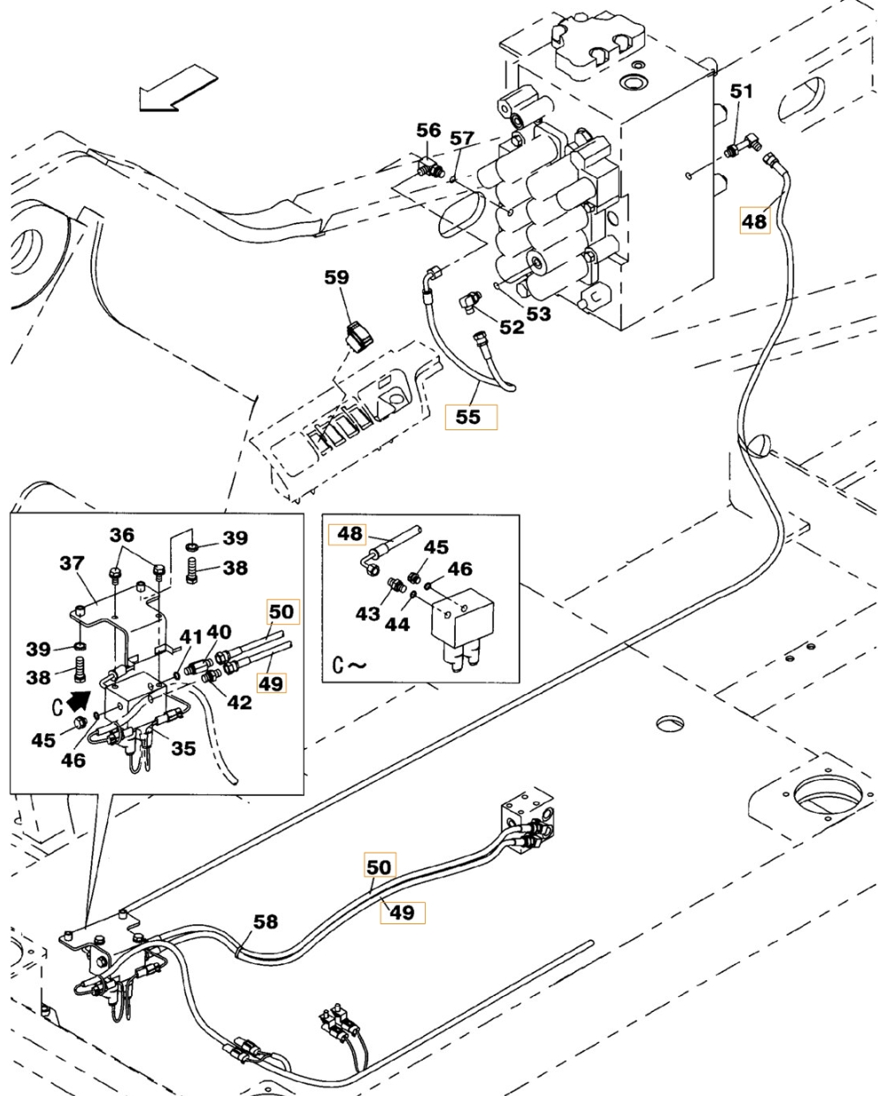 Case CX210B installation diagram showing hydraulic hose KHJ2198 at Pipe No. 48