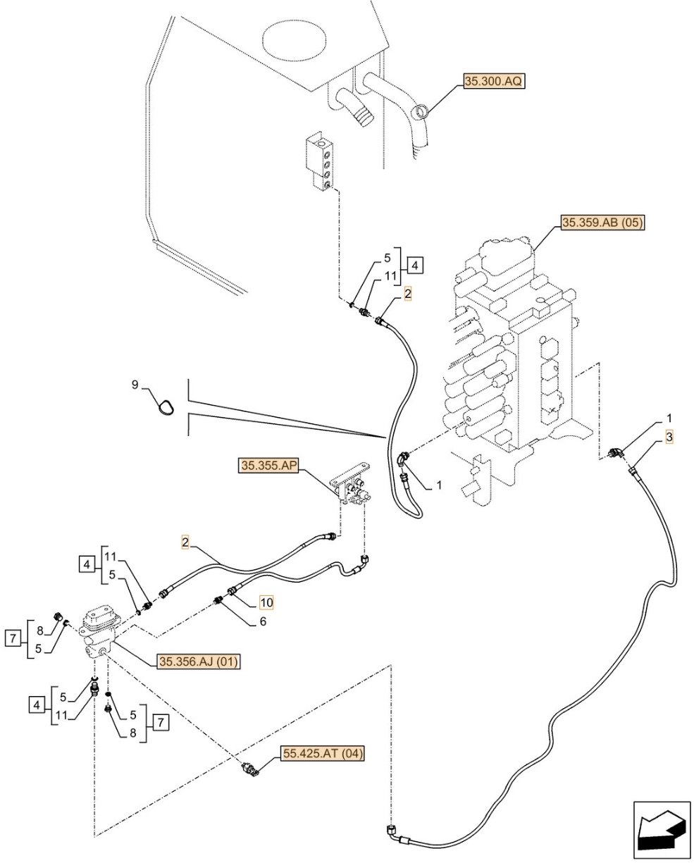 Case CX350D NLC installation diagram showing hydraulic hose KHJ11500 at Pipe No. 3