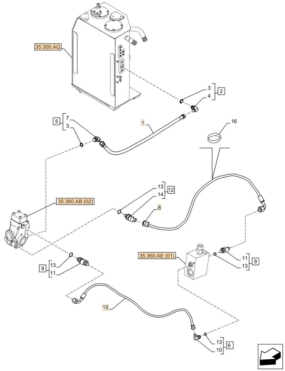 Case CX300D NLC installation diagram showing hydraulic hose KHJ2089 at Pipe No. 8