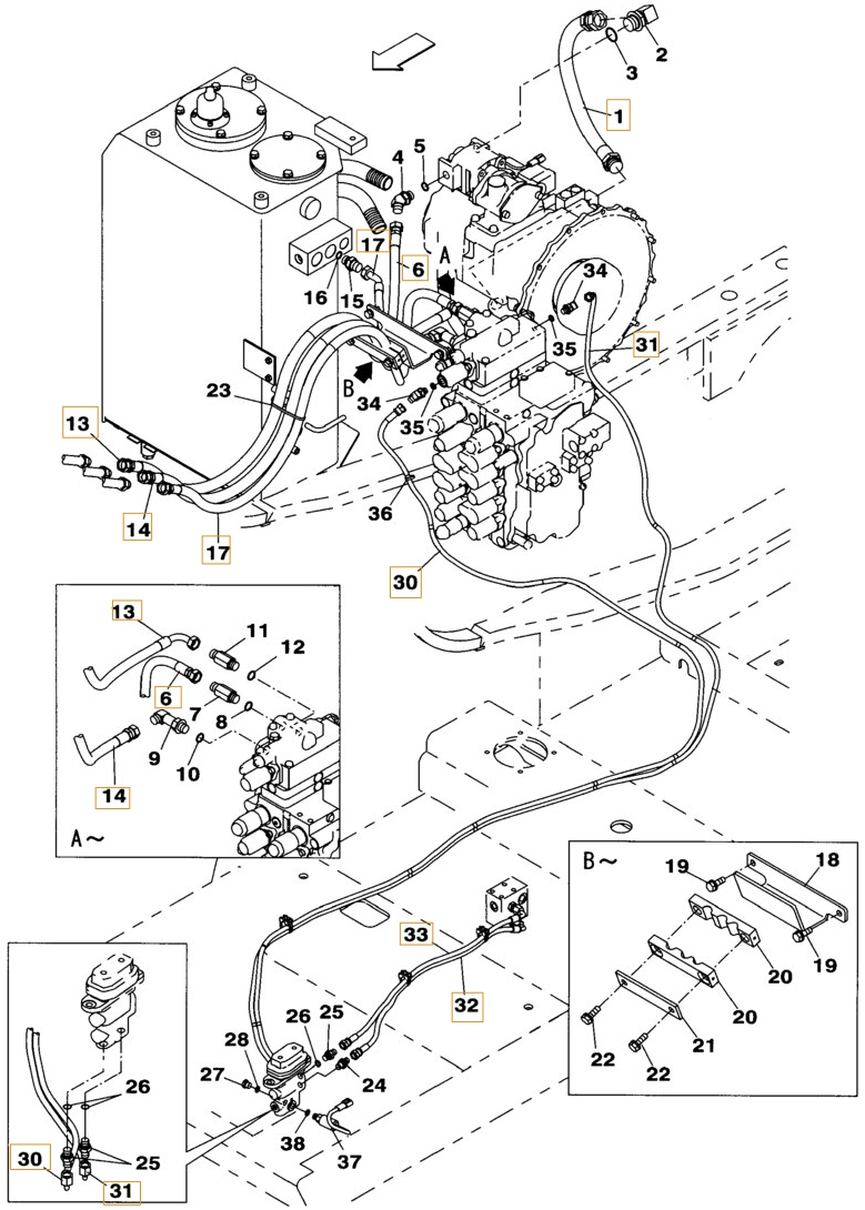 Case CX160B installation diagram showing hydraulic hose KHJ11500 at Pipe No. 31