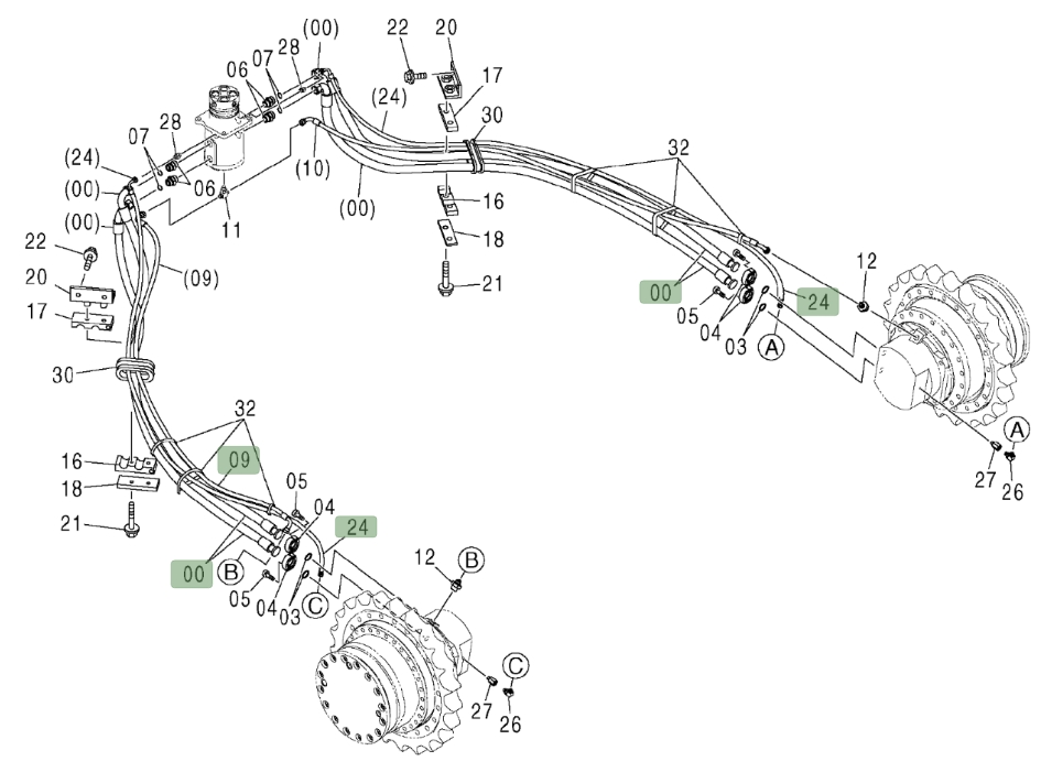 Hitachi ZX450LC-3 installation diagram showing hydraulic hose 4295191 at Pipe No. 24