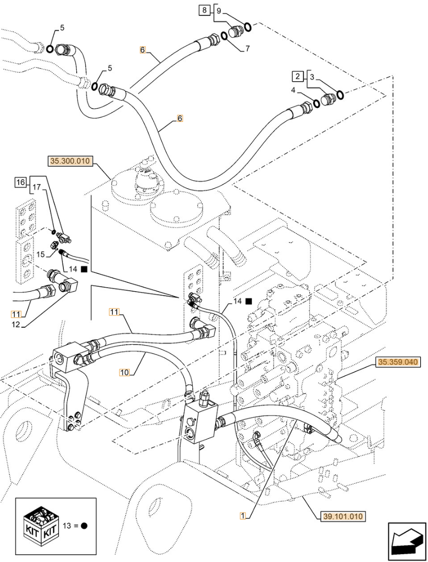 Case CX240E NHD installation diagram showing hydraulic hose KRJ11540 at Pipe No. 10
