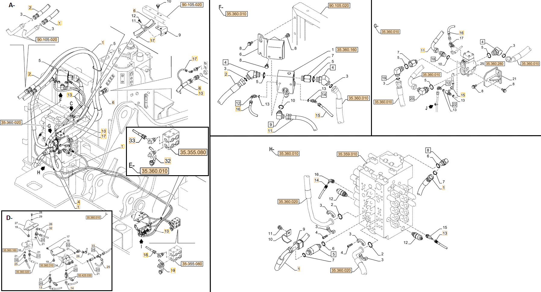 Case CX245D installation diagram showing hydraulic hose KHJ2084 at Pipe No. I26