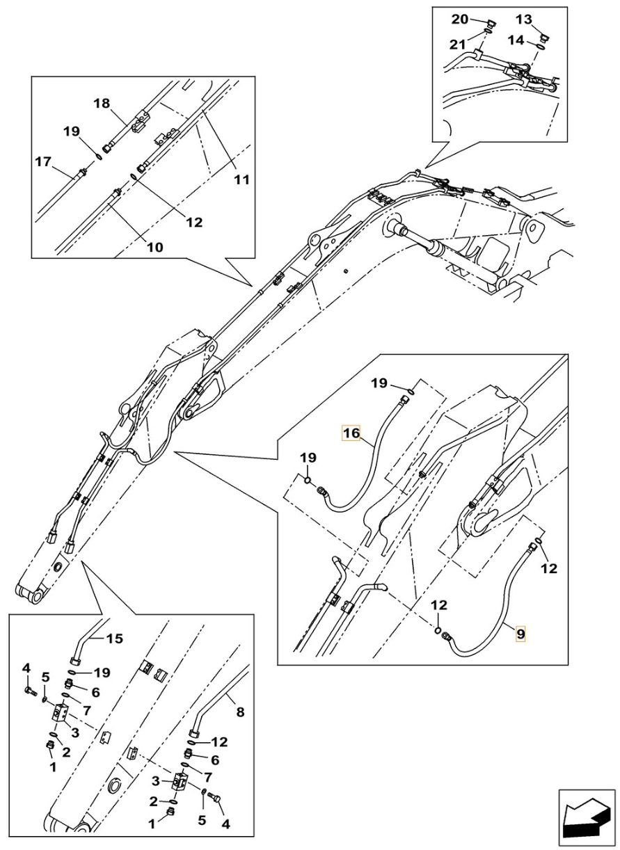 Case CX210C installation diagram showing hydraulic hose KRV19740 at Pipe No. 16