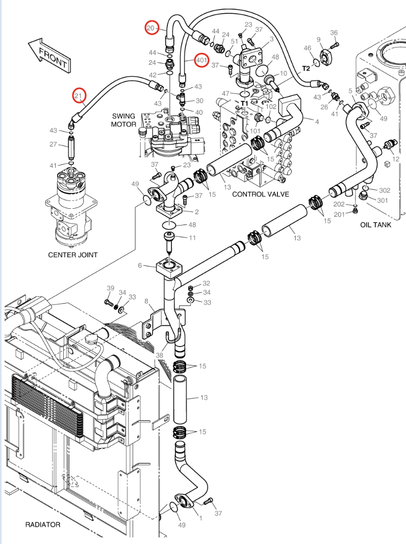 Doosan DX150LC-9C installation diagram showing hydraulic hose DS2012697 at Pipe No. 21