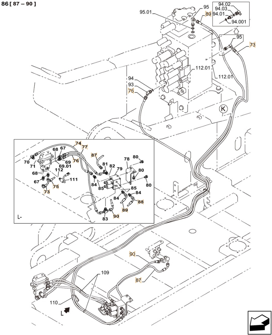 Case CX380C installation diagram showing hydraulic hose KHJ2581 at Pipe No. 75