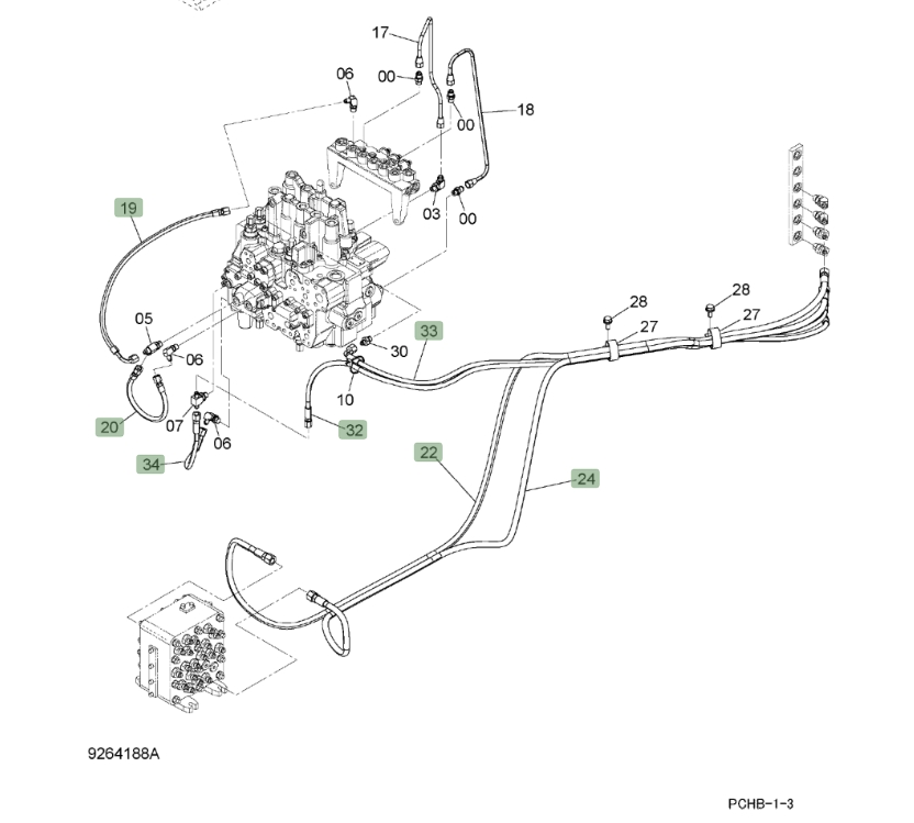 Hitachi ZX190W-3 installation diagram showing hydraulic hose 4655863 at Pipe No. 22A