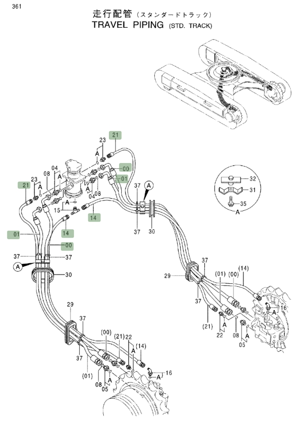 Hitachi EX200LC-5 installation diagram showing hydraulic hose 4262931 at Pipe No. 14