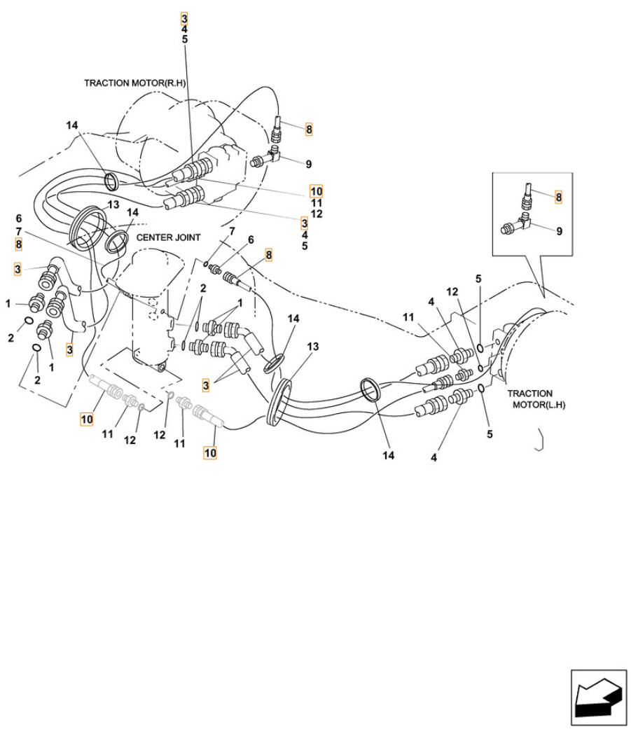 Case CX250C installation diagram showing hydraulic hose 157203A1 at Pipe No. 8