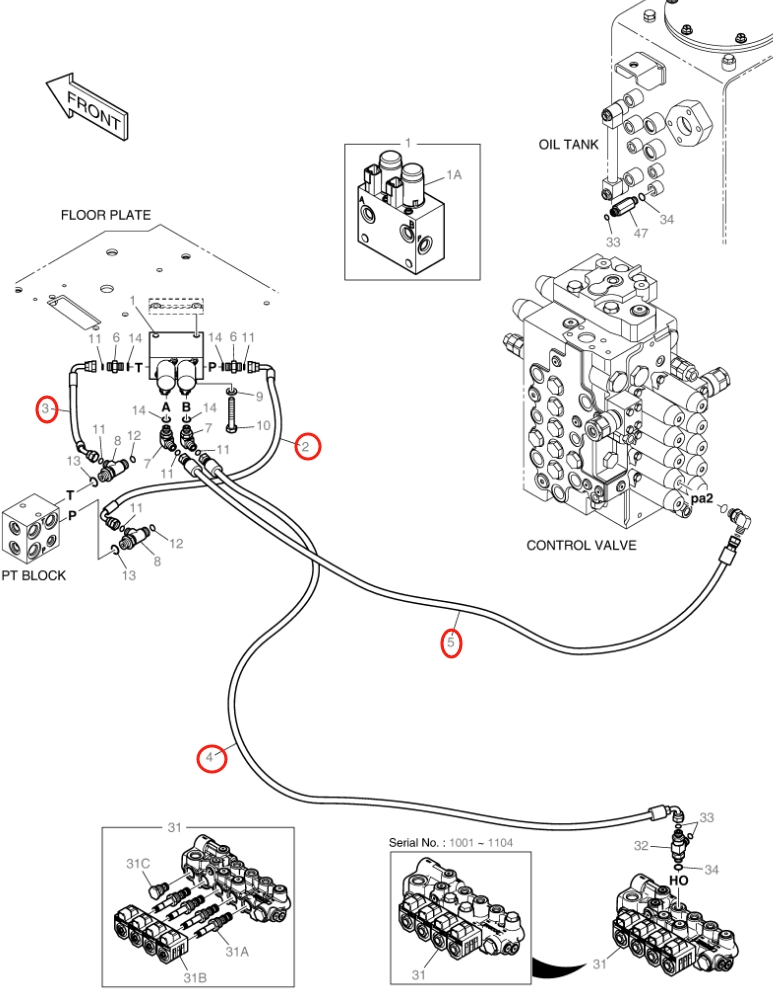 Doosan DX160LC-3 installation diagram showing hydraulic hose DS2119212 at Pipe No. 5