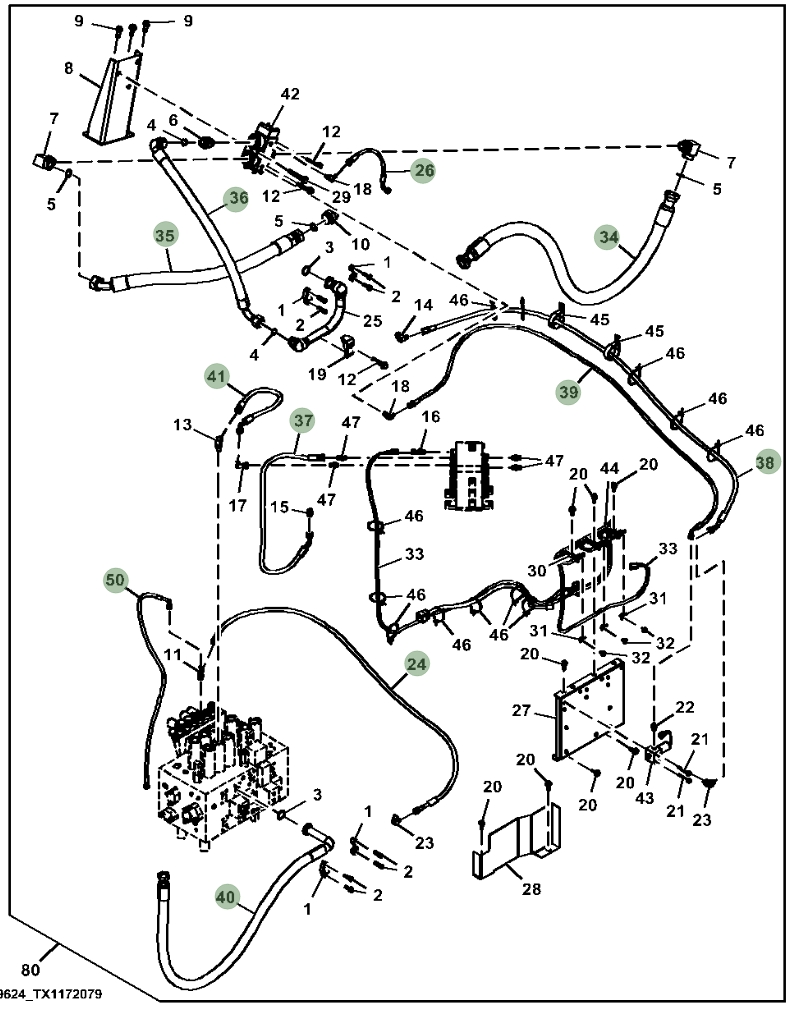 Hitachi ZX350LC-5G installation diagram showing hydraulic hose FF107418 at Pipe No. 39
