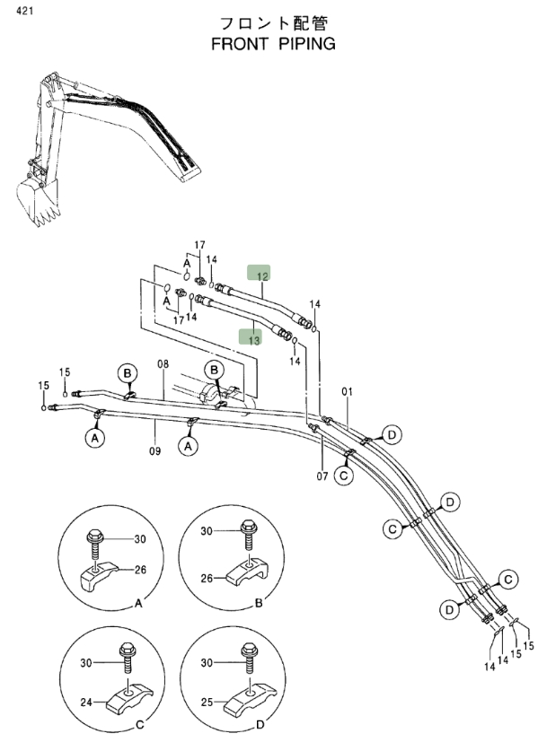 Hitachi EX100M-5 installation diagram showing hydraulic hose 4260310 at Pipe No. 13