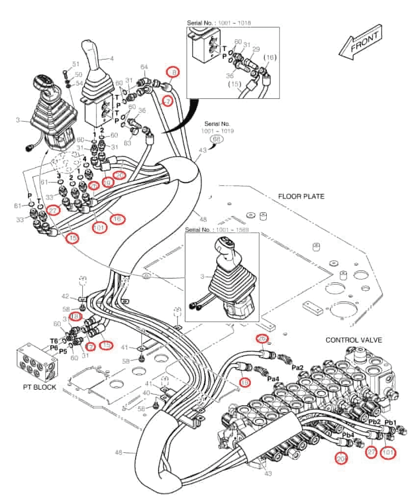 Doosan DX85R-3 installation diagram showing hydraulic hose DS2093073 at Pipe No. 19