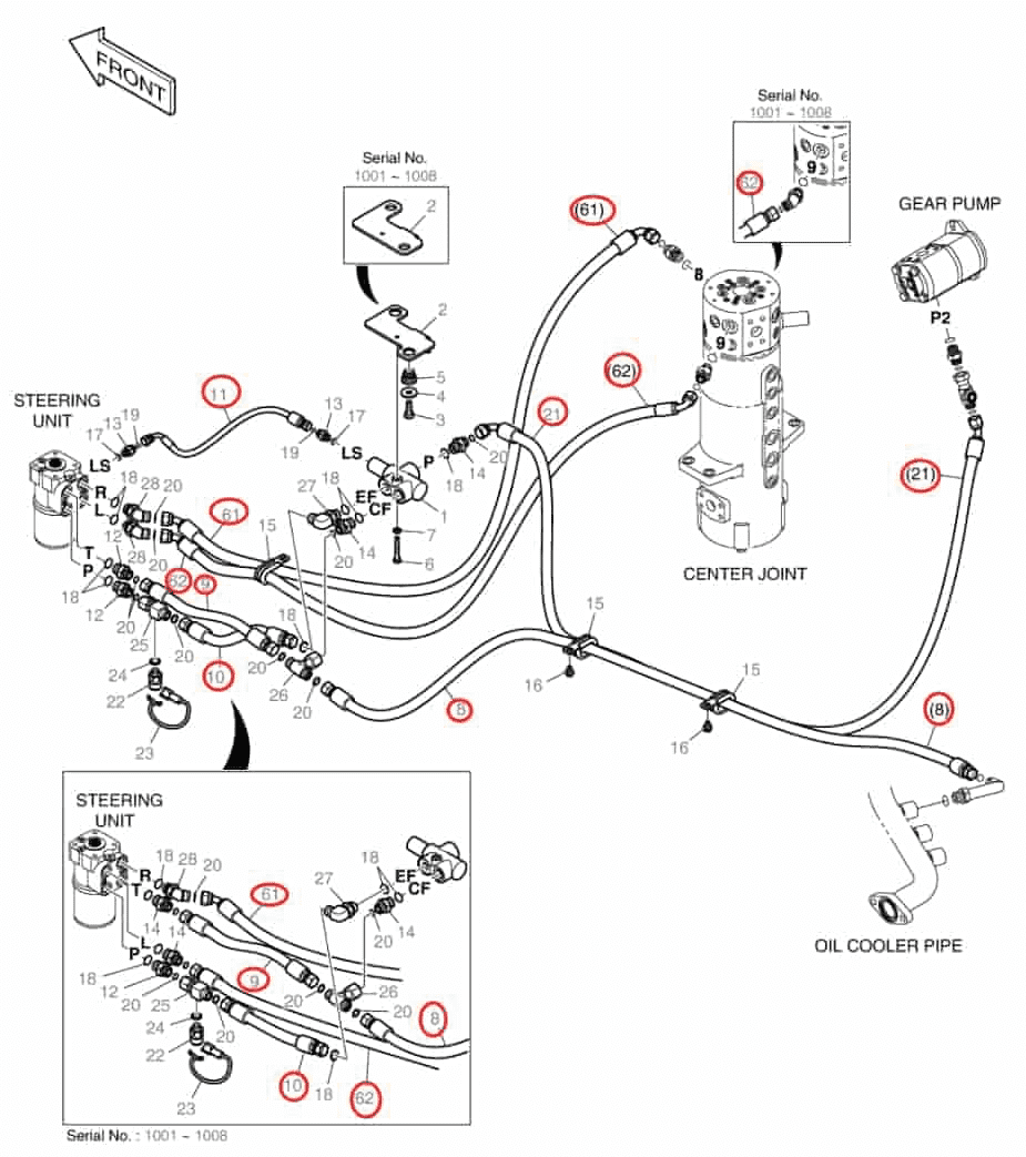 Doosan DX160W-3 installation diagram showing hydraulic hose DS20111207 at Pipe No. 9
