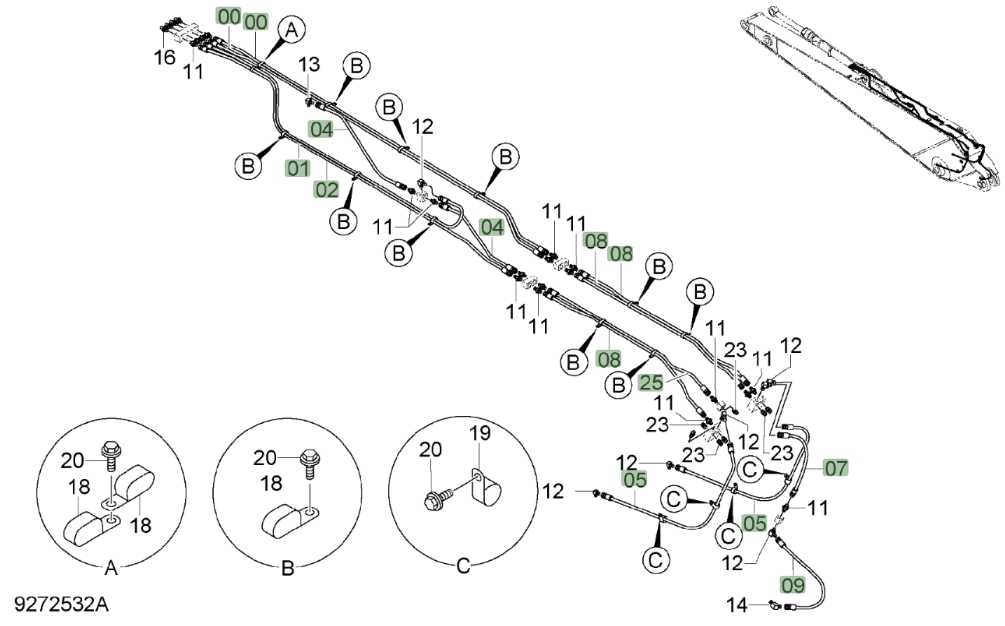 Hitachi ZX450LC-3 installation diagram showing hydraulic hose 4402701 at Pipe No. 9