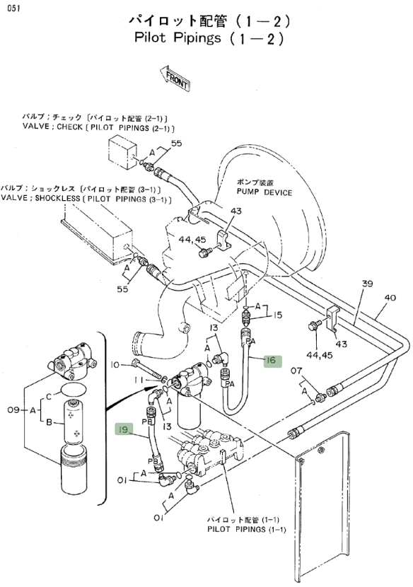 Hitachi EX150 installation diagram showing hydraulic hose 4213455 at Pipe No. 16