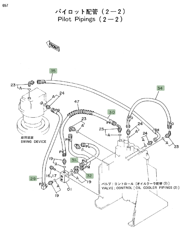 Hitachi EX150 installation diagram showing hydraulic hose 4213456 at Pipe No. 34