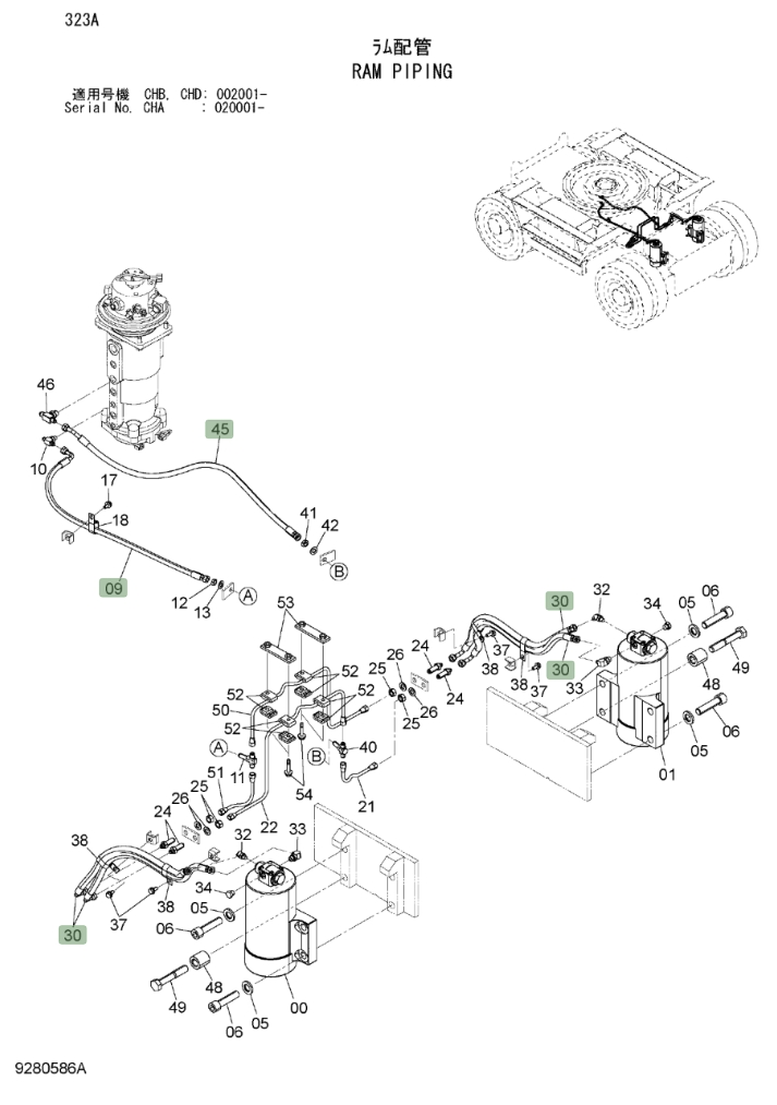 Hitachi ZX190W-3 installation diagram showing hydraulic hose 4659943 at Pipe No. 30