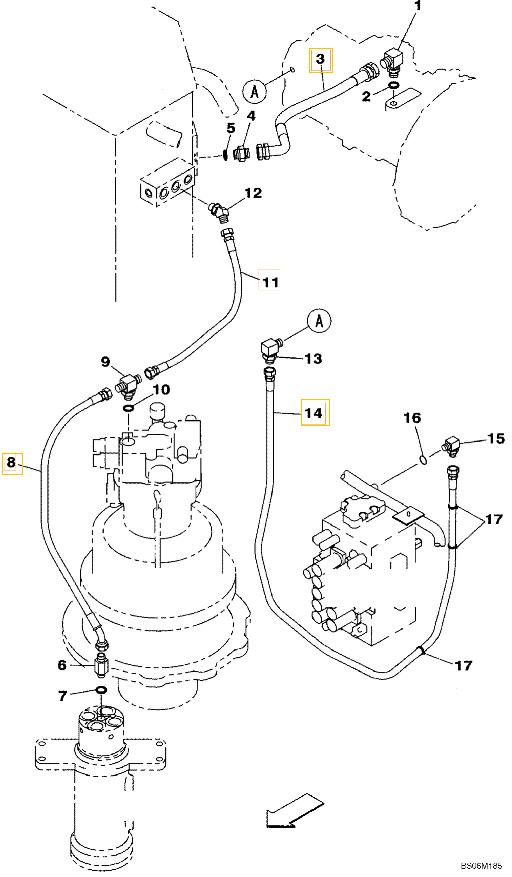 Case CX290B installation diagram showing hydraulic hose KSJ2790 at Pipe No. 8
