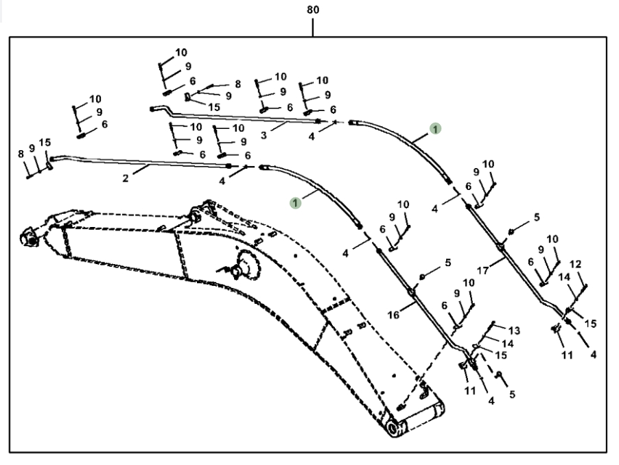 Hitachi ZX250LC-5G installation diagram showing hydraulic hose 4650823 at Pipe No. 1