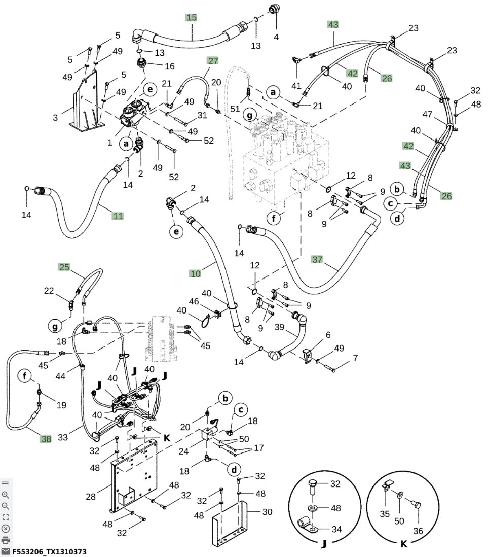 Hitachi ZX250LC-6N installation diagram showing hydraulic hose 4458065 at Pipe No. 42