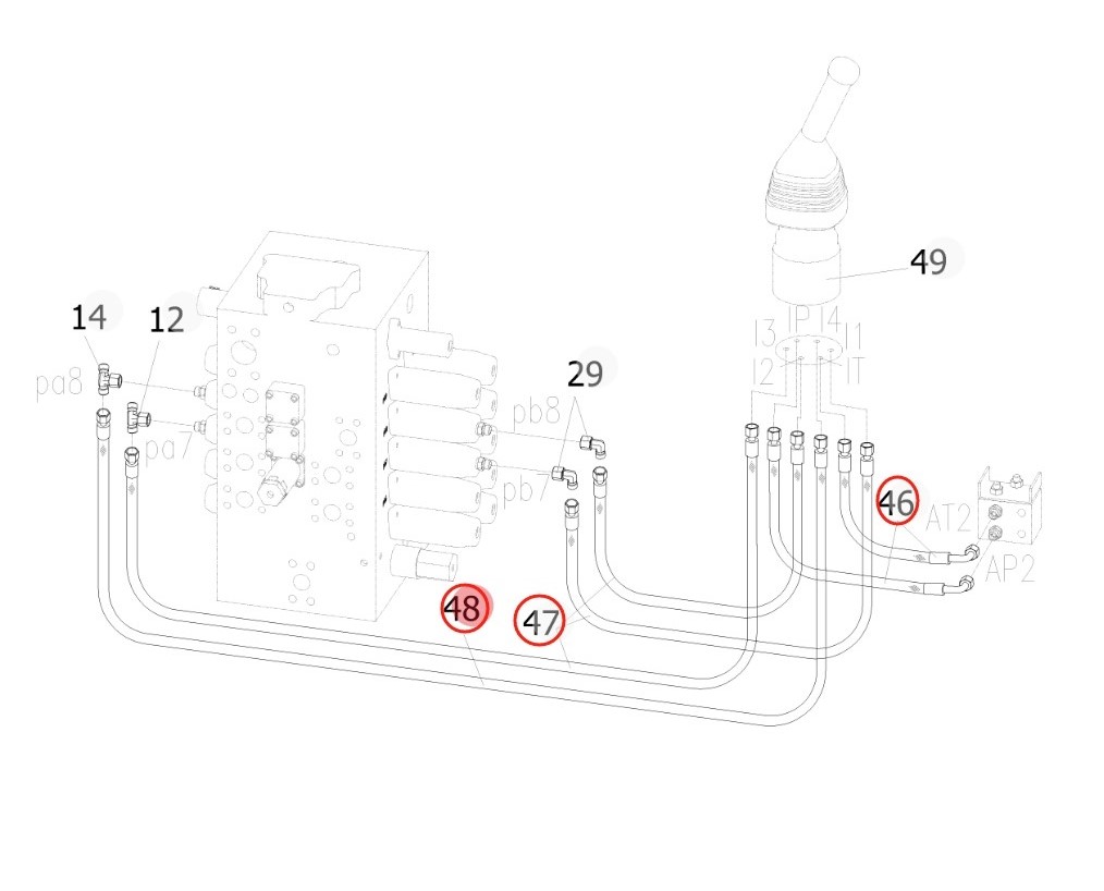 Sunward SWE210 installation diagram showing hydraulic hose 730502002435 at Pipe No. 46