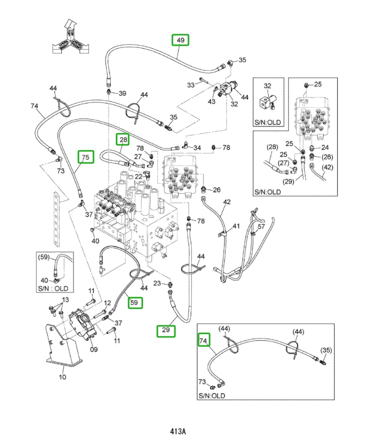 Hitachi ZX160LC-3 installation diagram showing hydraulic hose 4645516 at Pipe No. 75